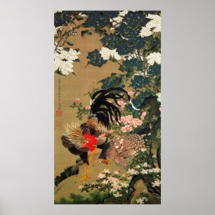 Póster 6. 紫陽花双鶏図, 若冲 Hydrangea and Rooster, Jakuchū