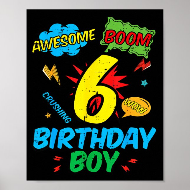 Póster 6 Birthday Boy Comic Cool 6th Bday Superhero Party (Frente)