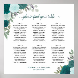 Póster 6 Mesa Rosas Turquesa Gráfico de Asientos de Boda 