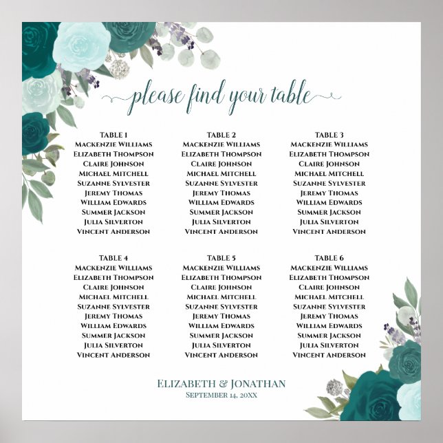 Póster 6 Mesa Rosas Turquesa Gráfico de Asientos de Boda  (Frente)