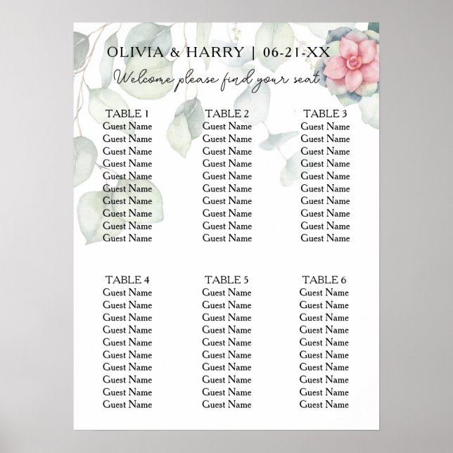 Póster 6 Tabla de asientos Boda de vegetación floral de m (Frente)