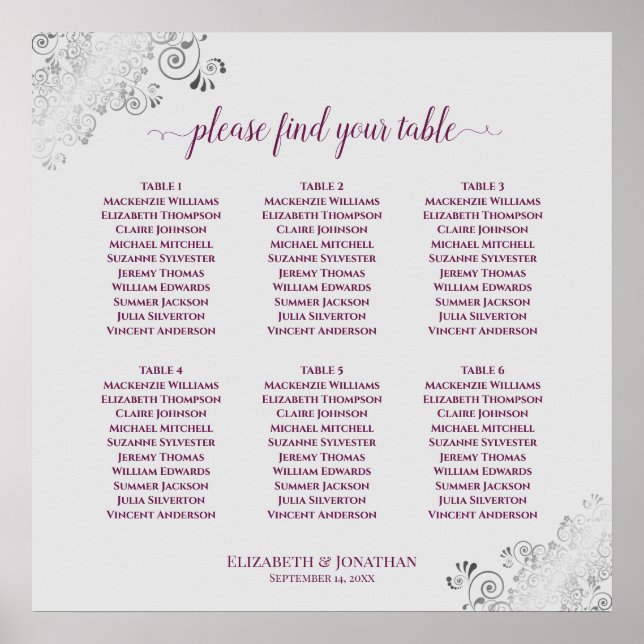 Póster 6 Tabla de asientos Boda morado y gris (Frente)