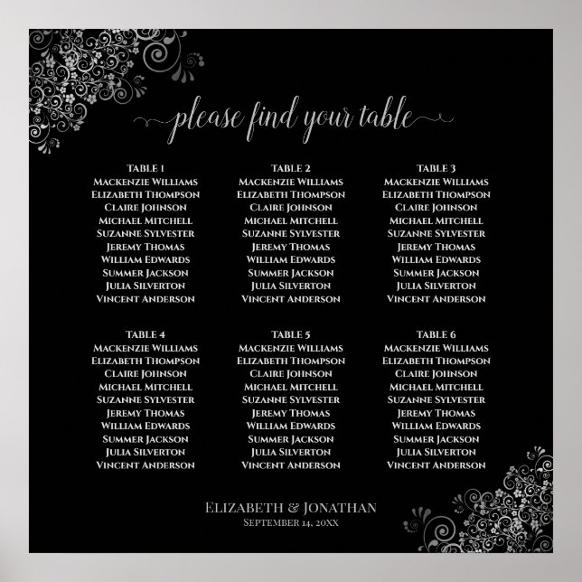 Póster 6 Tabla de asientos de Boda negro de encaje platea (Frente)