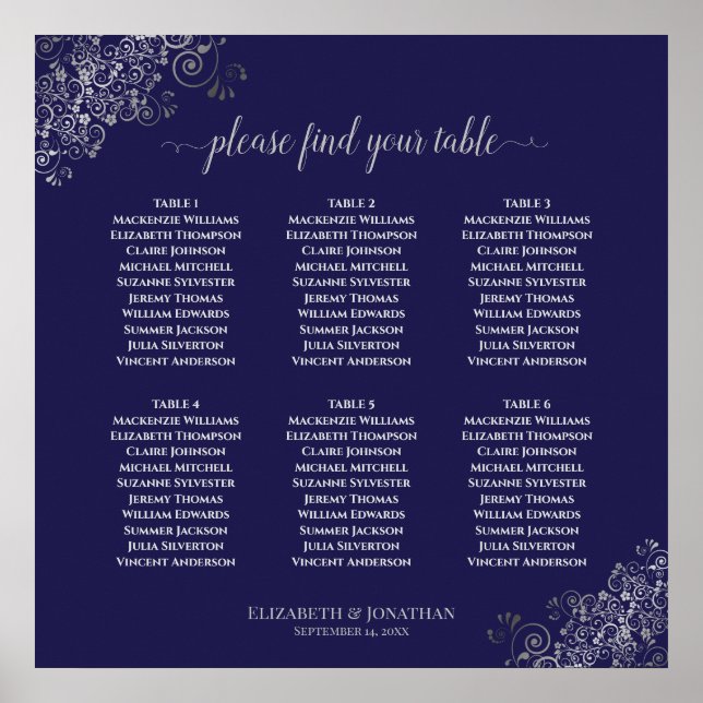 Póster 6 Tabla de asientos de Bodas de plata y azul marin (Frente)