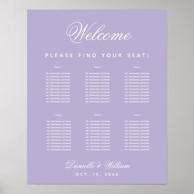 Póster 6 Tablas Lavanda Boda Púrpura Tabla de Asientos (Frente)