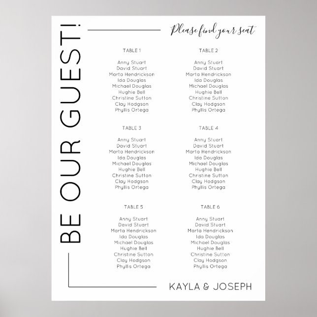 Póster 6 table Minimalist Wedding seating chart template (Frente)