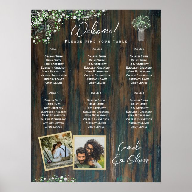 Póster 6 Table Rustic Gypsophila PHOTO Seating Chart  Foa (Frente)