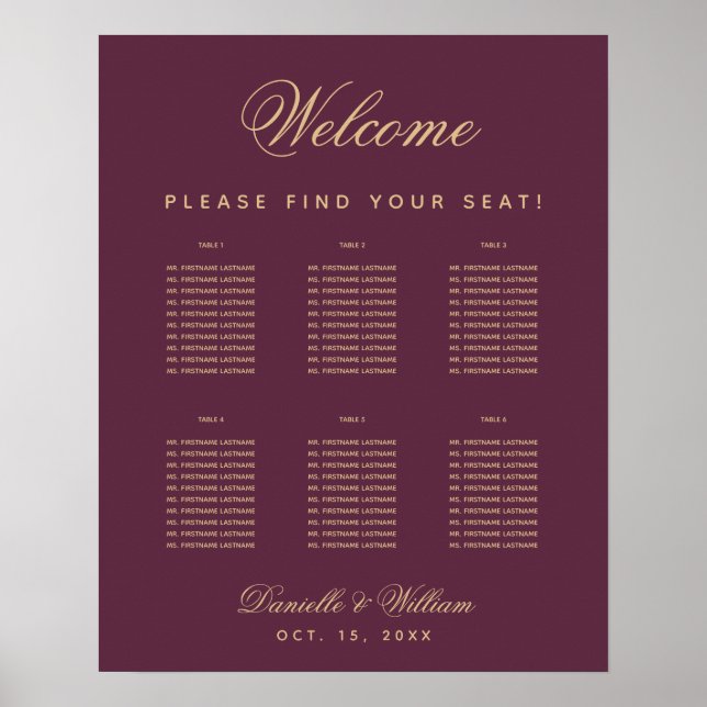 Póster 6 Table Wedding Simple Wine Color Seating Chart (Frente)