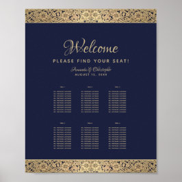 Póster 6 Tables Navy Blue Wedding Seating Chart Gold Rose