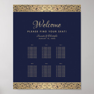 Póster 6 Tables Navy Blue Wedding Seating Chart Gold Rose