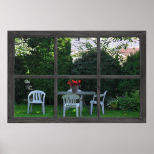 Póster 6 Ventana falsa de panel rústico con vista de pati