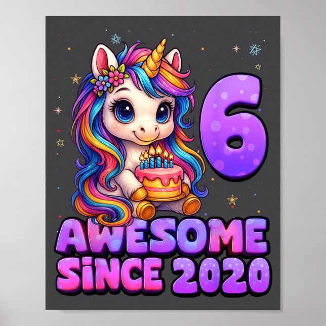 Póster 6 Year Old Girl Awesome Since 2020 Unicorn 6th Bir (Frente)