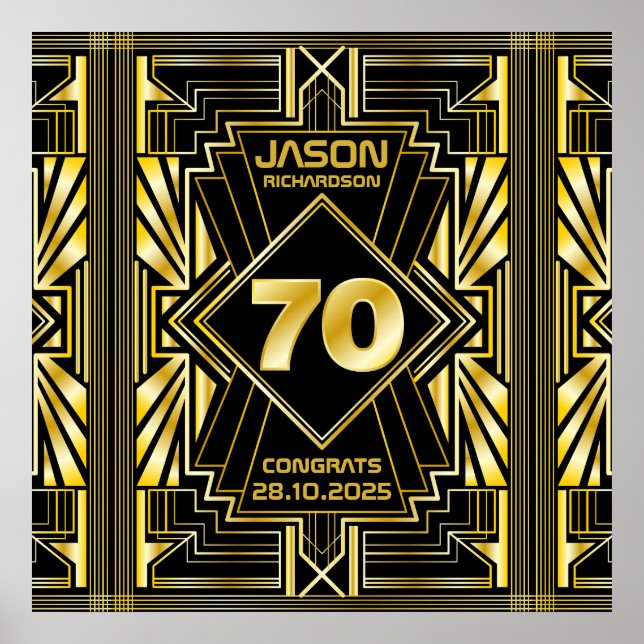 Póster 70.º cumpleaños Art Deco Oro Gran Gatsby Negro (Frente)