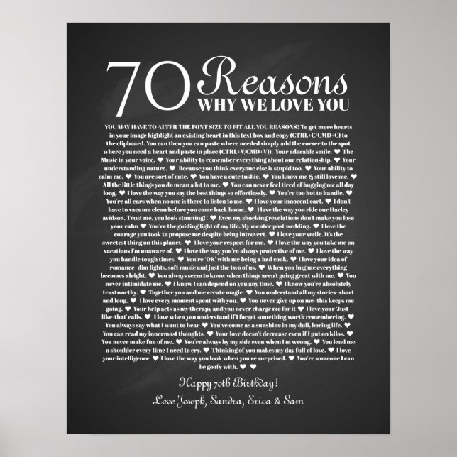 Póster 70 razones por las que te amamos el regalo de cump (Frente)