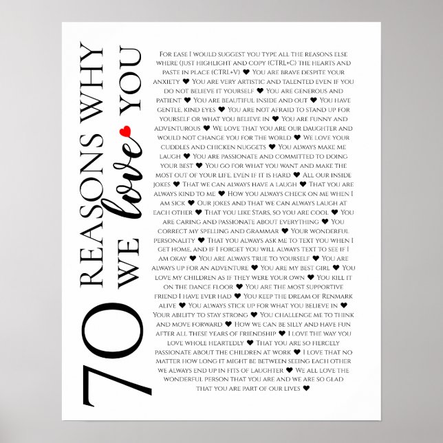 Póster 70 reasons why we love you 80th 60th 50th birthday (Frente)
