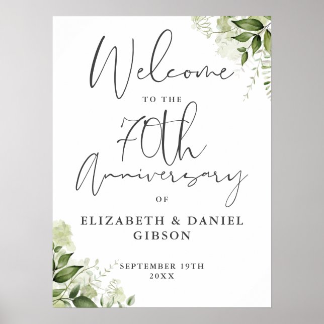 Póster 70th Wedding Anniversary Greenery Welcome Sign (Frente)