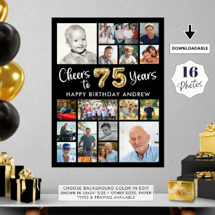 Póster 75º cumpleaños Oro Negro 16 festejos a años