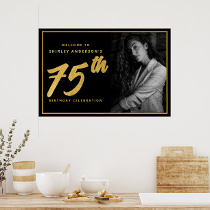 Póster 75.º cumpleaños foto Black Faux Gold Leaf Elegant