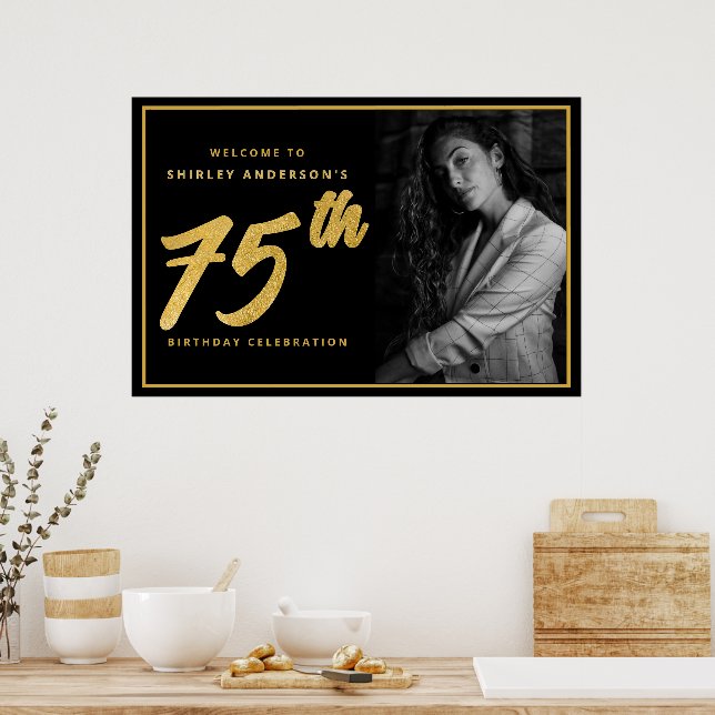 Póster 75.º cumpleaños foto Black Faux Gold Leaf Elegant (Cocina)