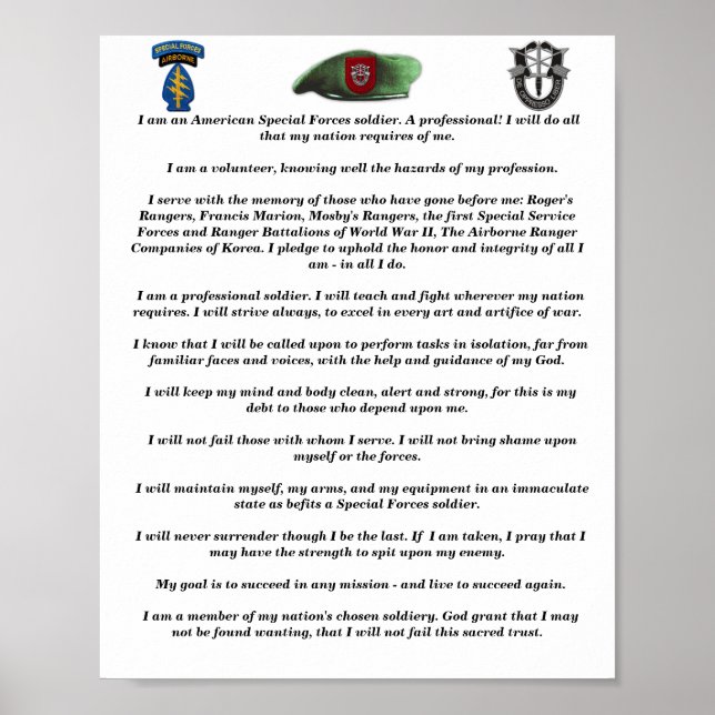 Póster 7.º Credo de Berets Verdes de las Fuerzas Especial (Frente)