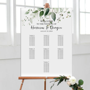Póster 7 mesas verde y elegante carta de asientos de boda