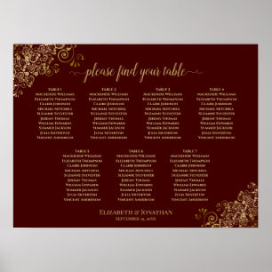 Póster 7 Tabla de asientos Boda de mesa Gráficos de oro A