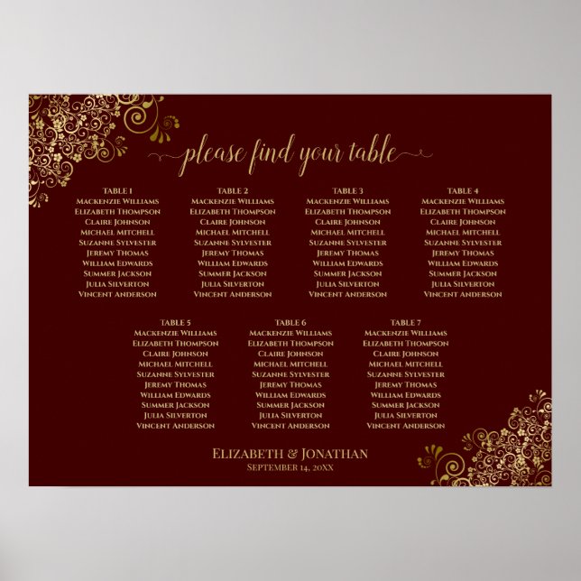 Póster 7 Tabla de asientos Boda de mesa Gráficos de oro A (Frente)