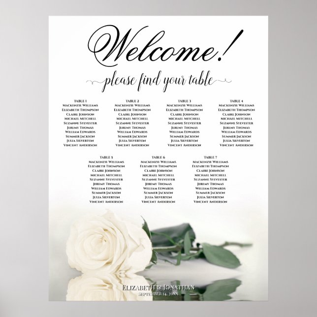 Póster 7 Tabla de asientos Elegantes de Boda Blanca Rosa (Frente)