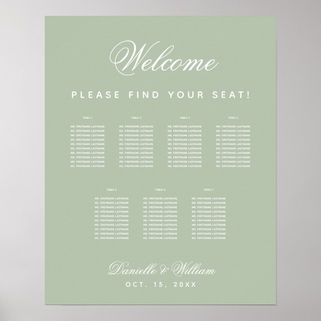 Póster 7 Tablas Sage Green Simple Boda Gráfico de asiento (Frente)