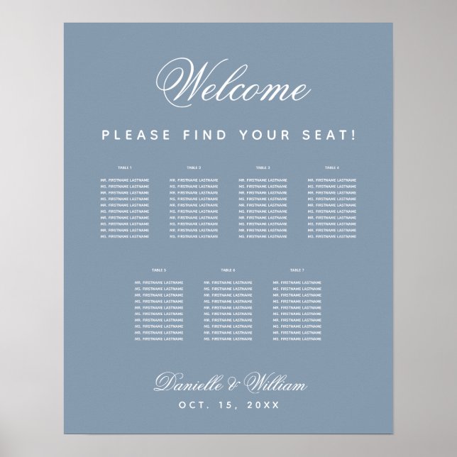 Póster 7 Tablas Tabla de asientos con guiones de Boda azu (Frente)