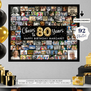 Póster 80.º cumpleaños 92 fotos Saludos de oro negro al a