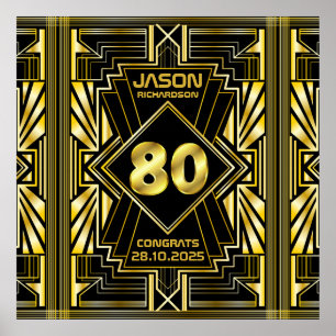 Póster 80.º cumpleaños Art Deco Oro Gran Gatsby Negro