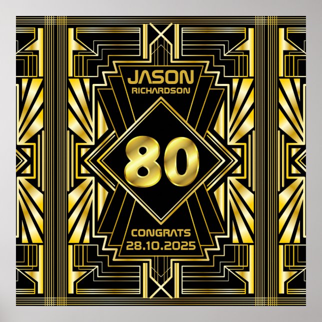 Póster 80.º cumpleaños Art Deco Oro Gran Gatsby Negro (Frente)