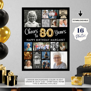 Póster 80.º cumpleaños Oro Negro 16 festejos a años