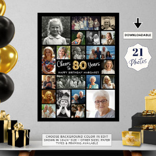 Póster 80.º cumpleaños Oro Negro 21 festejos a años