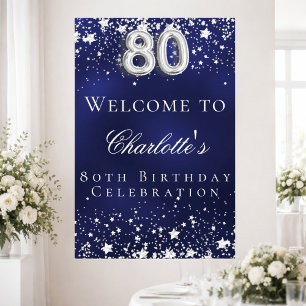 Póster 80.º fiesta de bienvenida con estrellas azules de 