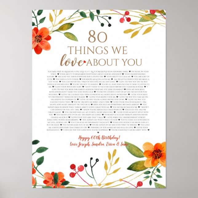 Póster 80 cosas que amamos de ti flores naranjas (Frente)