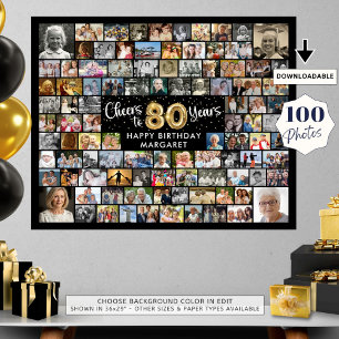 Póster 80 Cumpleaños 100 Fotos Negro Oro Aclamaciones Par