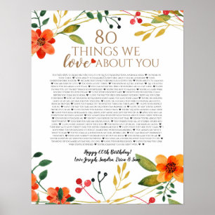 Póster 80 things we love about you orange flowers poster