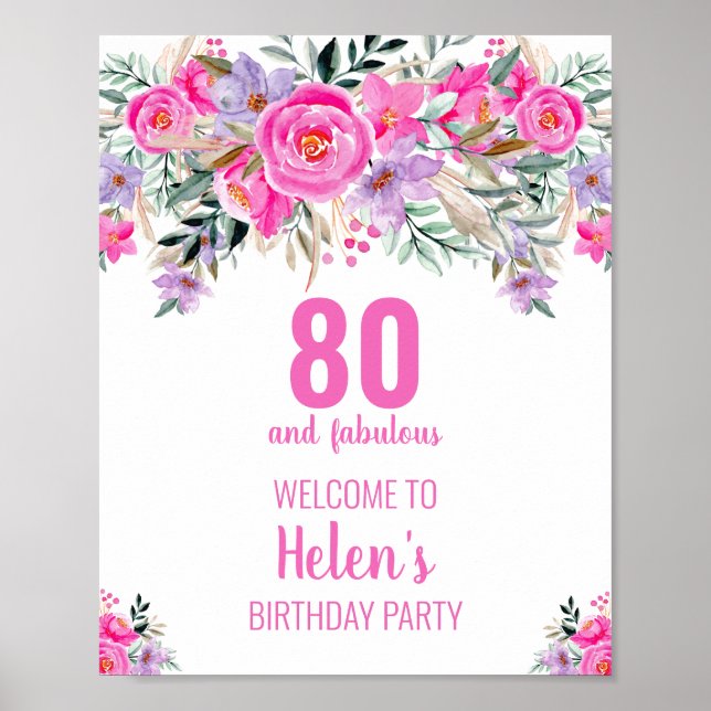 Póster 80 y fabuloso poste de cumpleaños elegante y rosa (Frente)