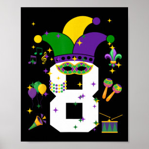 Póster 8.º cumpleaños Mardi Gras Tema Niños de 8 años