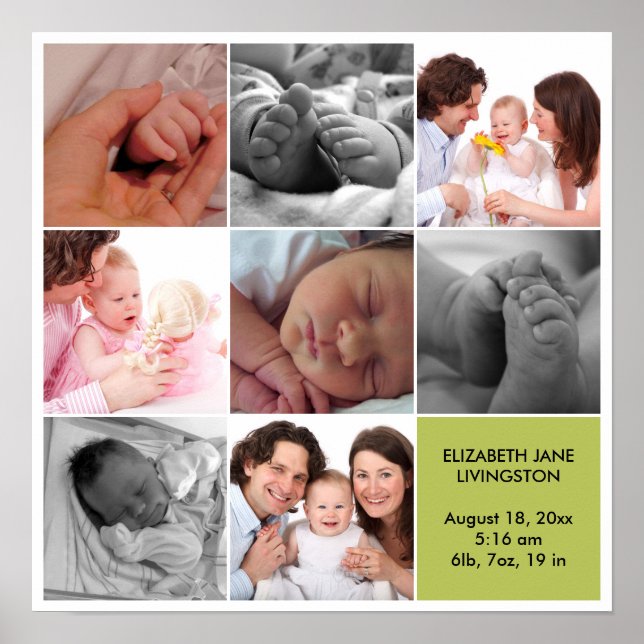 Póster 8 foto de bebé collage moderno borde blanco verde (Frente)