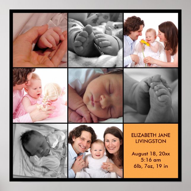 Póster 8 foto de bebé collage moderno borde negro amarill (Frente)