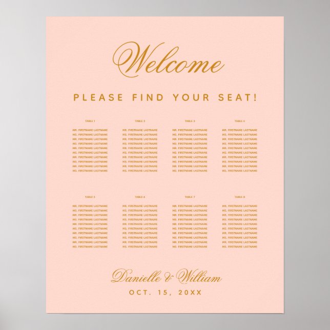 Póster 8 Mesas Carta de Asiento Simple Bodas Rosa Pálido (Frente)
