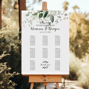 Póster 8 mesas verde elegante carta de asientos de boda