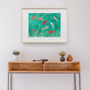 Póster 8 Peces Koi Rojo y Dorado Acuarela