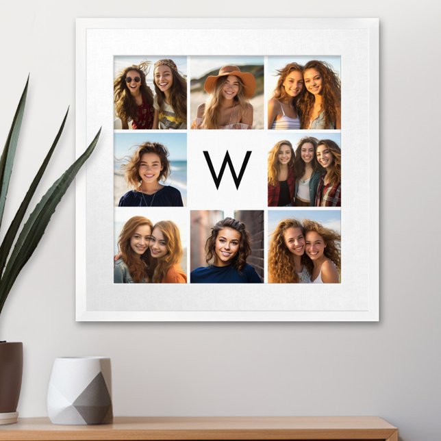 Póster 8 Personalizado de Collage de fotos Monograma Blan (Custom Poster with 9 Photos)