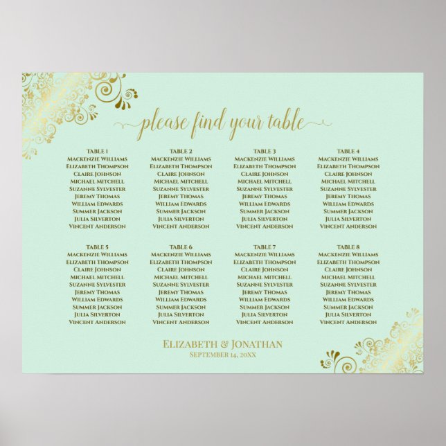 Póster 8 Tabla de asientos Boda de tabla Mint Verde y Oro (Frente)