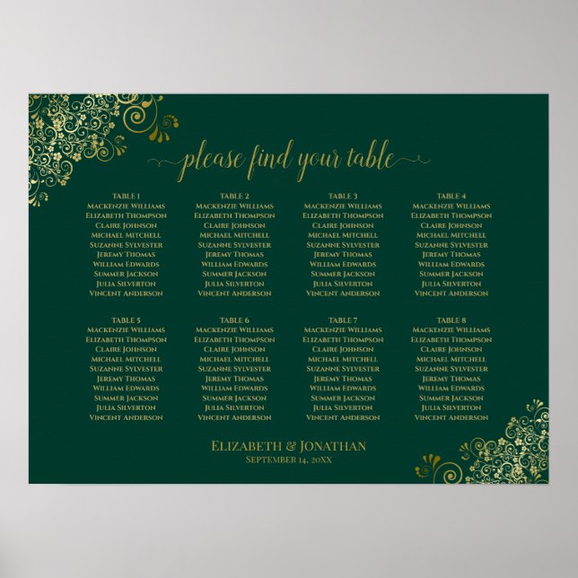 Póster 8 Tabla de asientos de Boda de tabla verde esmeral (Frente)