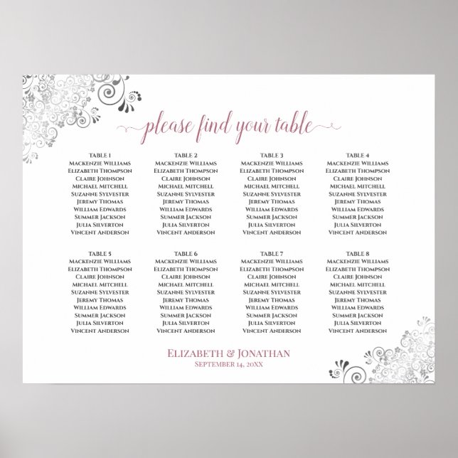 Póster 8 Tabla de asientos de Bodas blancos y Rosas (Frente)